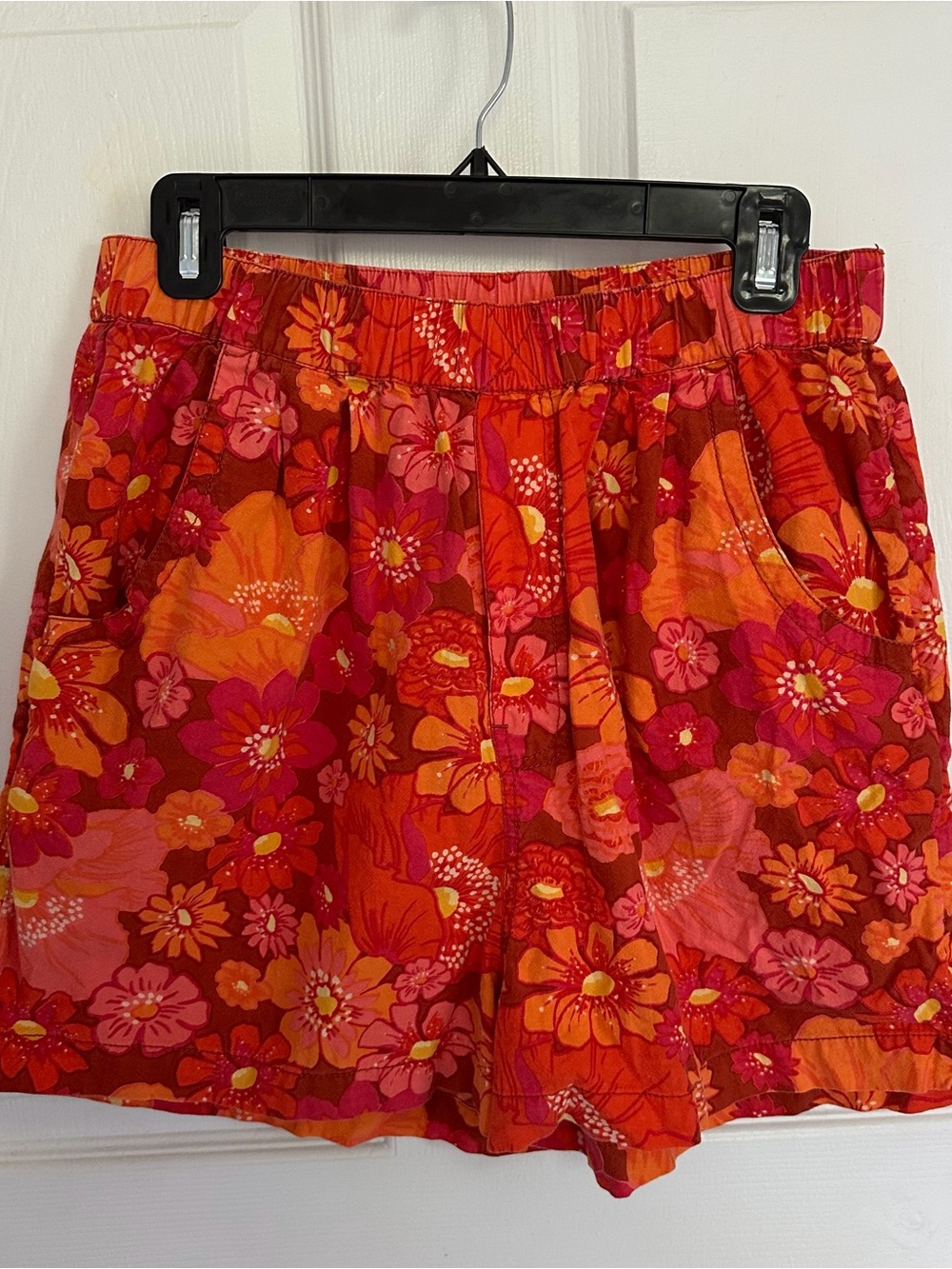 Free People Bright Floral Elastic-Waist Shorts in Red and Orange